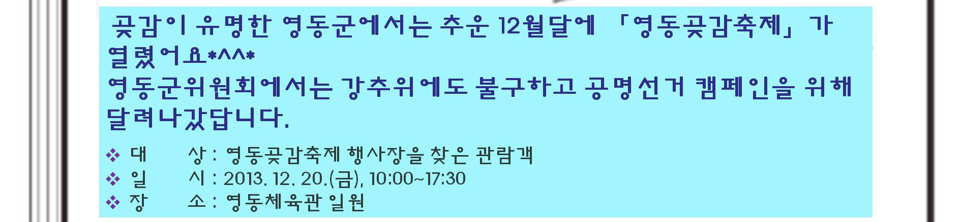 곶감이 유명한 영동군에서는 추운 12월달에 '영동곶감축제'가 열렸어요. 영동군위원회에서는 강추위에도 불구하고 공명선거 캠페인을 위해 달려나갔답니다. 대상(영동갖감축제 행사장을 찾은 관람객), 일시(2013.12.20.(금) 10시~17시30분), 장소(영동체육관 일원)
